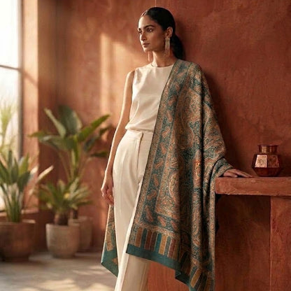 A woman models a cream-colored two-piece outfit with a draped teal and gold patterned shawl in a warm, rustic room with terracotta walls and potted plants.