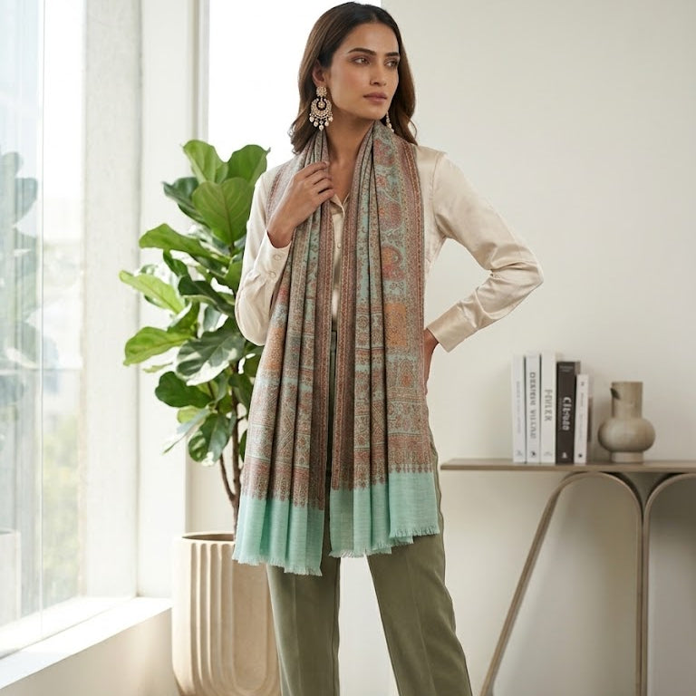 A woman models a light beige long-sleeve kurta paired with olive green trousers and a draped mint green and beige patterned scarf, standing in a bright, modern room with a potted plant and a side table.