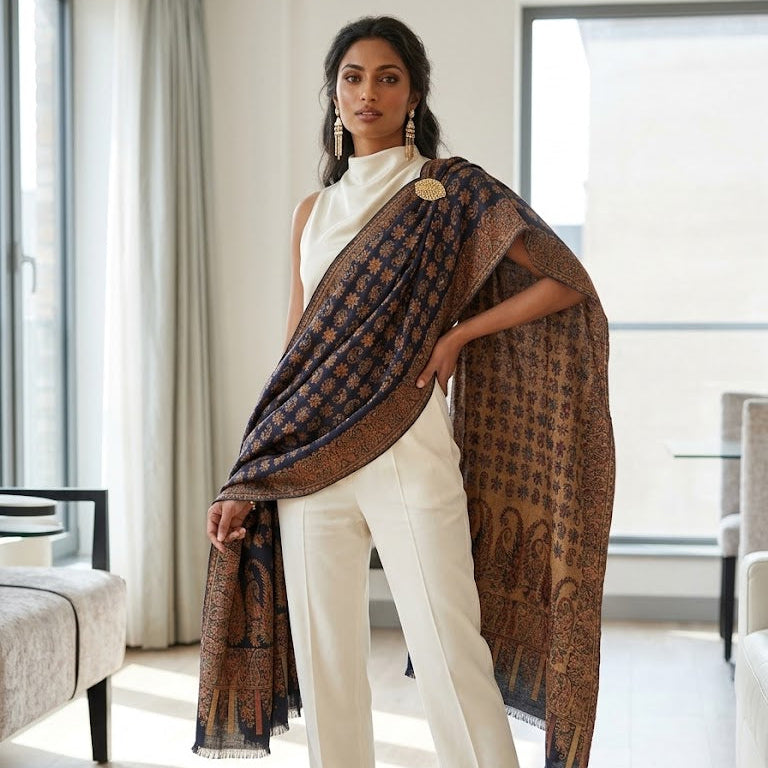 A woman models a dark brown and navy patterned dupatta draped over her shoulders, styled with a white sleeveless top and white trousers in a bright, modern room.