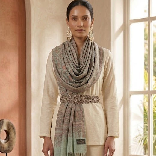 Woman wearing a beige outfit with a patterned scarf in a bright room.