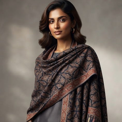 A woman modeling a dark gray kurta with black trousers and a large patterned shawl draped over her shoulders. The shawl features intricate black and brown motifs with a striped border.
