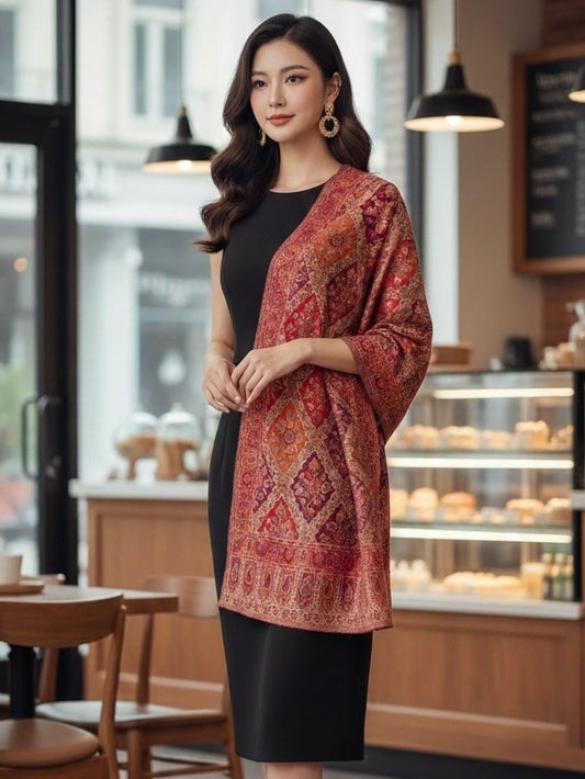 Pink Kalamkari Stole on a woman in a cafe