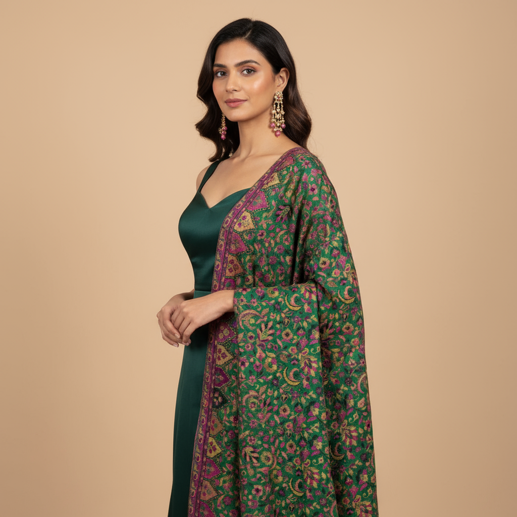 Woman wearing a green and purple patterned shawl over a green dress on a beige background