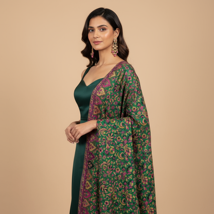 Woman wearing a green and purple patterned shawl over a green dress on a beige background