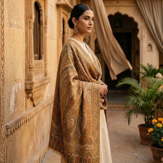 Woman in traditional attire standing in a courtyard with architectural elements and plants.