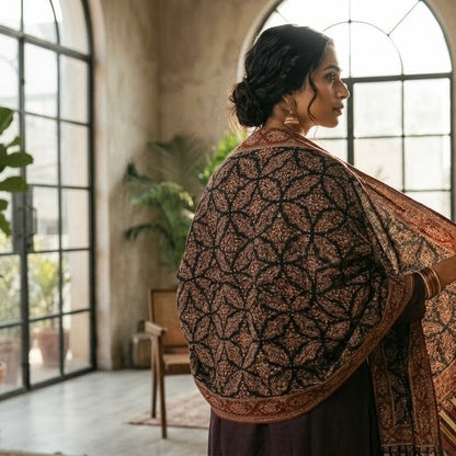 A woman stands in profile in a bright, industrial-style loft with large arched windows, wearing a dark brown and black patterned shawl draped over her shoulders.