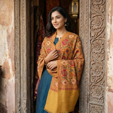 Mustard Nalki Pure Wool Jama Stole - Embroidered Wrap for Weddings & Evening Wear