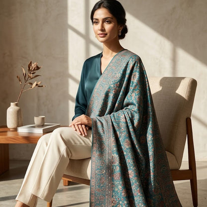 Woman sitting on a chair wearing a blue patterned shawl in a sunlit room.