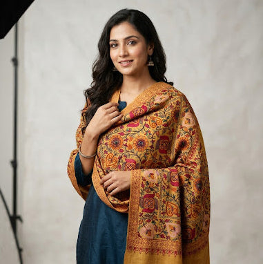 A woman modeling a mustard yellow and red patterned shawl draped over a navy blue dress, standing in a studio with a textured light gray wall and wooden floor.