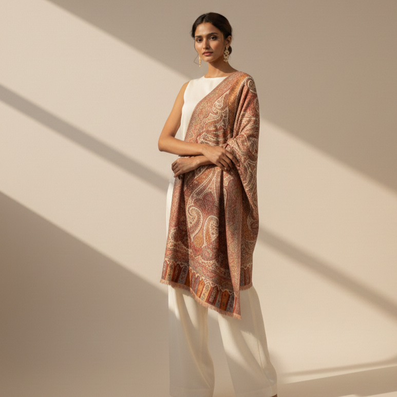 WOMENS FINE WOOL SHAWL WITH KALAMKARI INSPIRED PAISLEY MOTIFS - DEEP RED