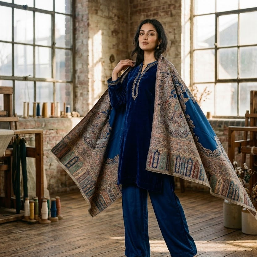 A woman stands in a rustic textile workshop wearing a navy blue traditional outfit with a large patterned shawl draped over her shoulders. The workshop features exposed brick walls, large industrial windows, wooden floors, and looms in the background.