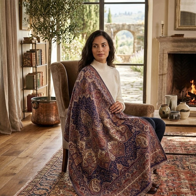 A woman sits in a rustic armchair in a cozy, sunlit room, draped in a large patterned woolen throw blanket. The blanket features an intricate paisley and floral design in deep purple, brown, and beige tones.