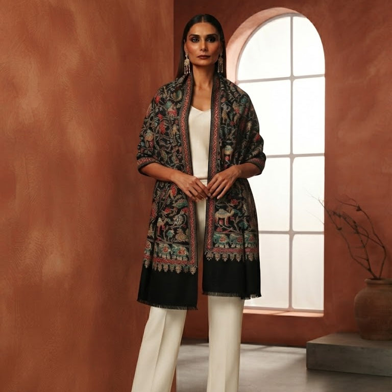 A woman models a black three-quarter sleeve open-front jacket with intricate multicolor floral embroidery, worn over a white top and cream-colored wide-leg trousers in a warm terracotta room.
