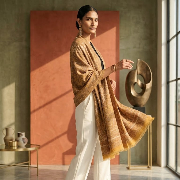 A woman models a golden-brown patterned shawl draped over her shoulders, paired with white trousers and black heels, in a modern interior setting with warm lighting.
