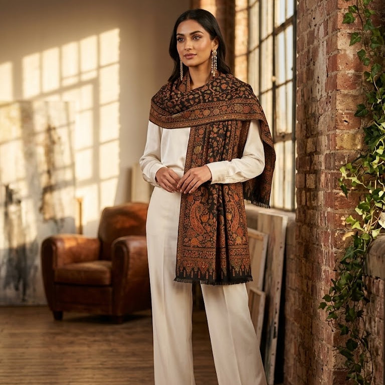 A woman models a traditional outfit consisting of a white long-sleeve kurta and wide-leg trousers, paired with a brown and black patterned dupatta, in a rustic indoor setting with a brick column and wooden floor.