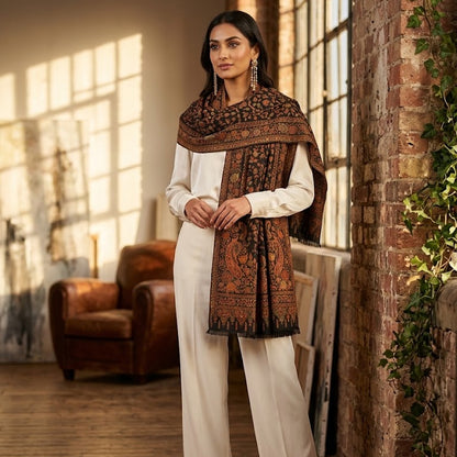 A woman models a traditional outfit consisting of a white long-sleeve kurta and wide-leg trousers, paired with a brown and black patterned dupatta, in a rustic indoor setting with a brick column and wooden floor.