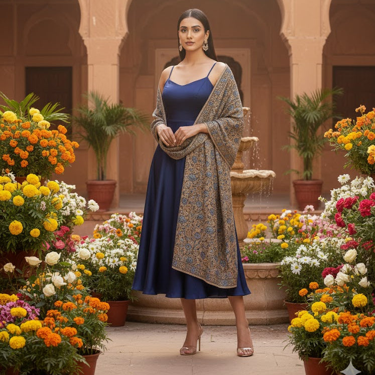 Beautiful Sozni embroidery shawl in beige with blue embroidery draped over a female model standing in a beautiful doorway