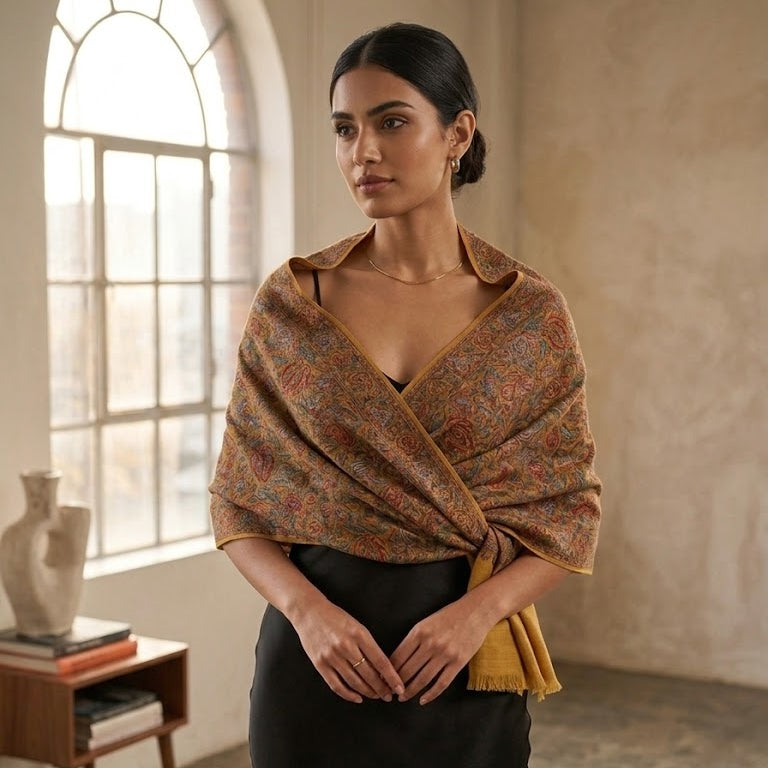 A woman wearing a brown patterned shawl with yellow and orange accents over a black dress, standing in a softly lit room with a large arched window.
