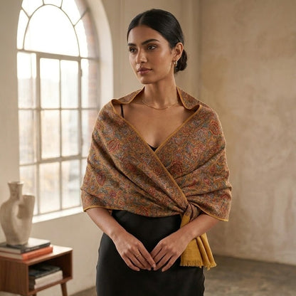 A woman wearing a brown patterned shawl with yellow and orange accents over a black dress, standing in a softly lit room with a large arched window.
