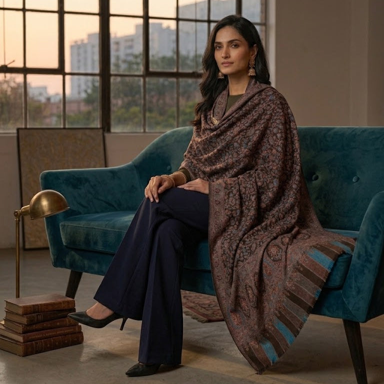 A woman sits on a teal velvet armchair in a modern room with large industrial windows, wearing a brown patterned shawl over a dark outfit. A brass desk lamp and stacked books sit on the floor beside the chair.