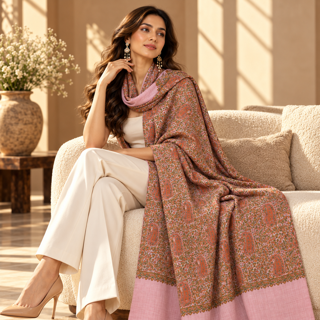 A woman sits on a beige sofa wearing a light pink dupatta draped over her shoulders, paired with white pants and nude heels in a warm, sunlit living room.