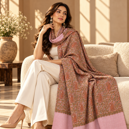 A woman sits on a beige sofa wearing a light pink dupatta draped over her shoulders, paired with white pants and nude heels in a warm, sunlit living room.