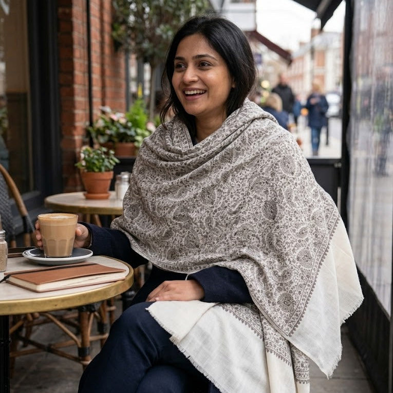 A woman sitting at an outdoor cafe table wearing a large cream and gray patterned shawl over her shoulders.
