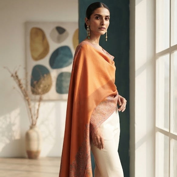 A woman stands in a bright interior by a window, draped in a large orange shawl over cream pants and heels. The shawl has a soft gradient and fringed edge, and the room has warm light, abstract wall art, and a vase.