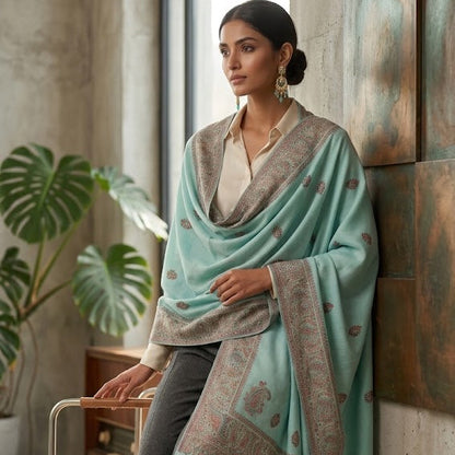 A woman models a mint green and brown printed shawl draped over her shoulders, paired with a cream blouse, dark gray trousers, and green heels, posing in a modern industrial loft setting with a concrete wall and large window.