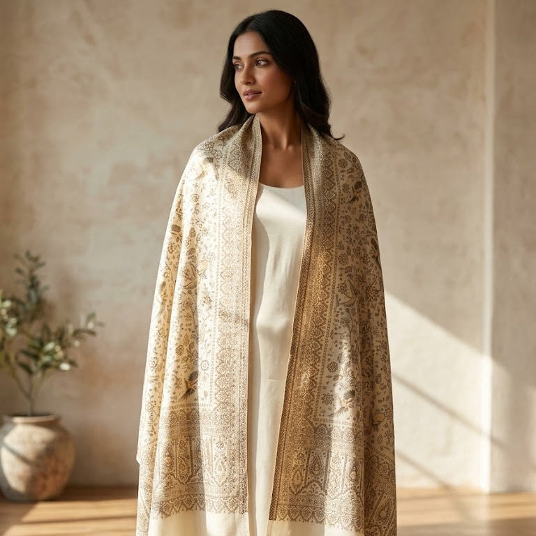 A woman stands indoors wearing a cream-colored traditional outfit with a large beige and cream patterned shawl draped over her shoulders. The setting features a textured beige wall, wooden flooring, and a potted plant in the background.