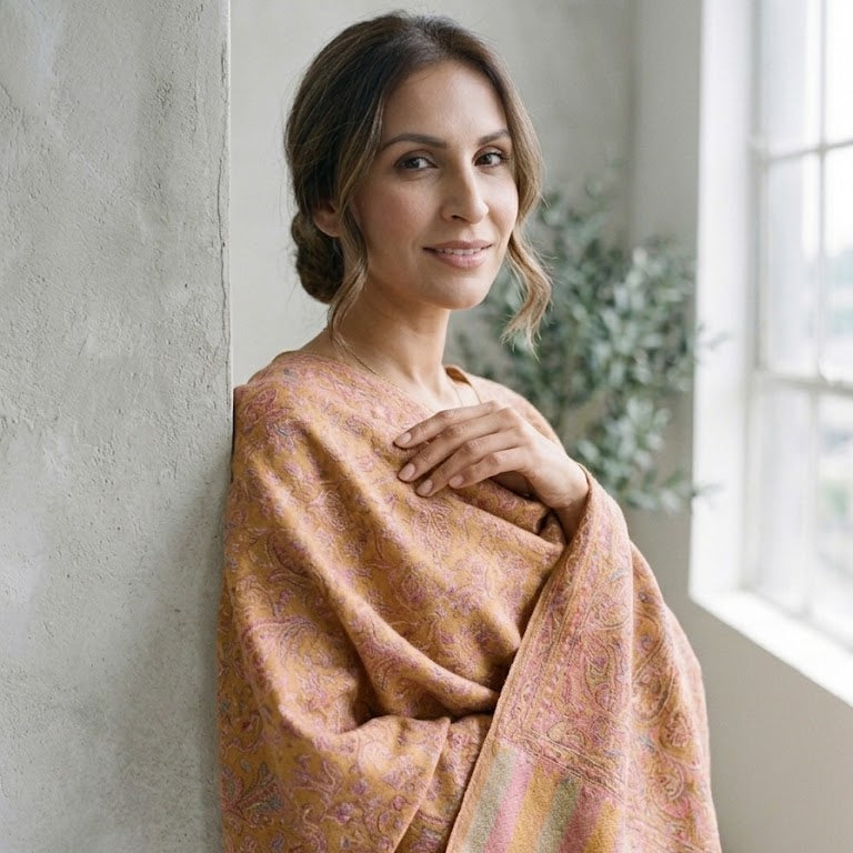 A woman with her hair in a low bun is draped in a warm peach and pink patterned shawl with fringe, leaning against a textured concrete pillar in a bright, modern room.