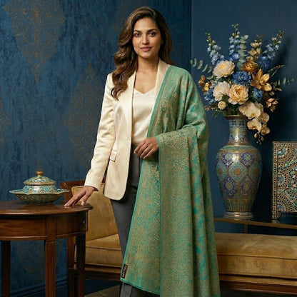 Woman in a teal traditional outfit standing in a decorated room with blue walls and floral arrangements.