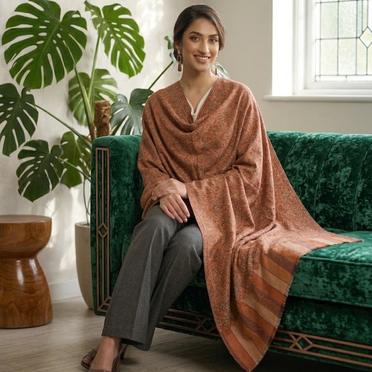 A woman sits on a green velvet sofa in a bright room, draped in a rust-orange shawl with subtle tonal patterns. She is wearing gray trousers and brown sandals, with a large green monstera plant and a window in the background.