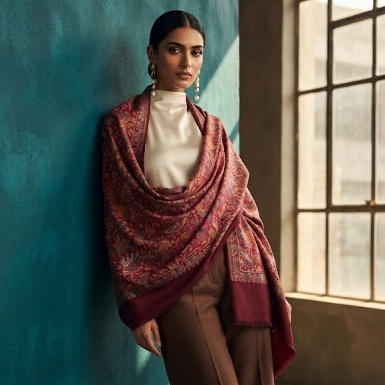A woman stands in a sunlit room with a teal wall and large window, wearing a draped shawl in rust red, burgundy, and gold tones over a white top and brown wide-leg trousers.