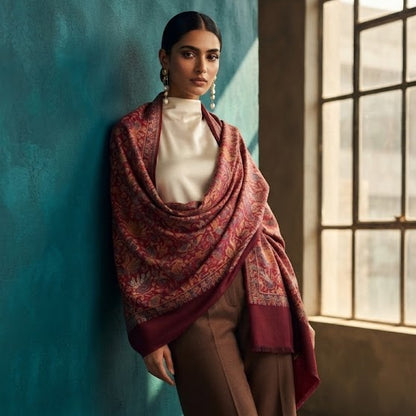 A woman stands in a sunlit room with a teal wall and large window, wearing a draped shawl in rust red, burgundy, and gold tones over a white top and brown wide-leg trousers.