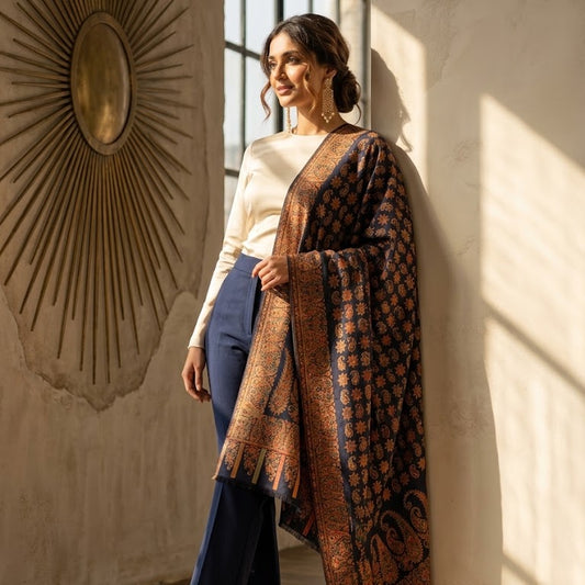 A woman stands in a sunlit room wearing a cream long-sleeve top, navy wide-leg trousers, and brown heeled sandals, while draped over her shoulder is a large patterned brown and gold shawl. She leans against a textured wall beside a window.