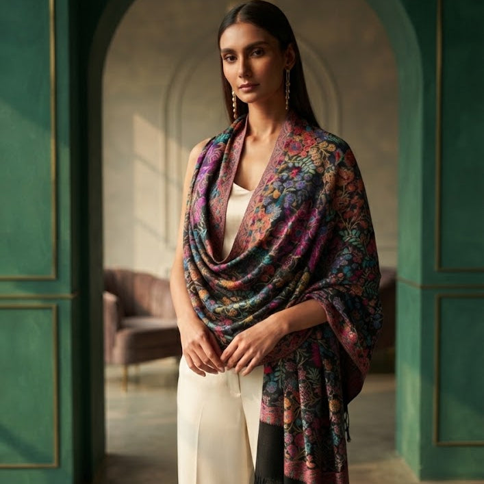 A woman models a vibrant, multicolored floral shawl with black fringe over a white top and white trousers, standing in front of an elegant green arched doorway.