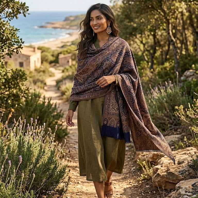A woman walks along a rocky outdoor path near the sea, wearing a large patterned shawl draped over her shoulders and an olive green maxi dress. The background features green trees, lavender plants, and a coastal landscape under a clear sky.