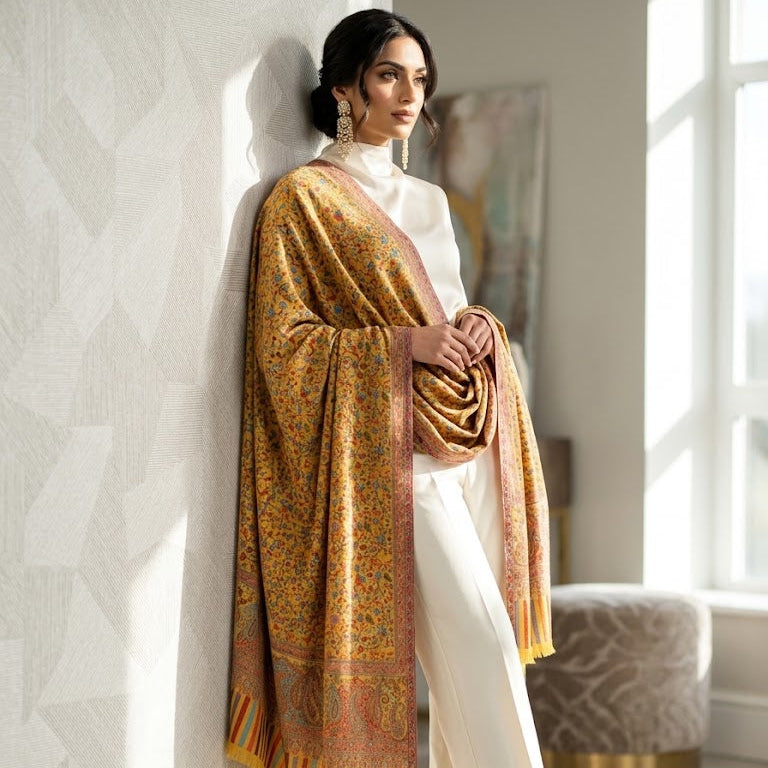 A woman stands in a bright indoor room wearing a white outfit and holding a large patterned shawl draped over her body. The shawl has a mustard-gold base with intricate orange, pink, and green paisley-style motifs and striped fringe.