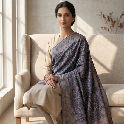 A woman seated on a beige armchair indoors, wearing a draped navy and blue patterned sari with ornate paisley motifs over a light beige kurta. Sunlight streams from a window on the left, casting shadows across the chair and floor.