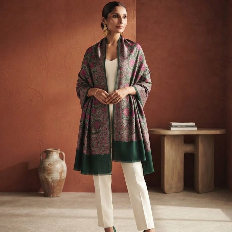A woman stands in a warm, rustic room wearing a long patterned shawl draped over her shoulders, paired with white pants and dark green heels. The background features a textured terracotta wall, a wooden table with books, and a ceramic vase.