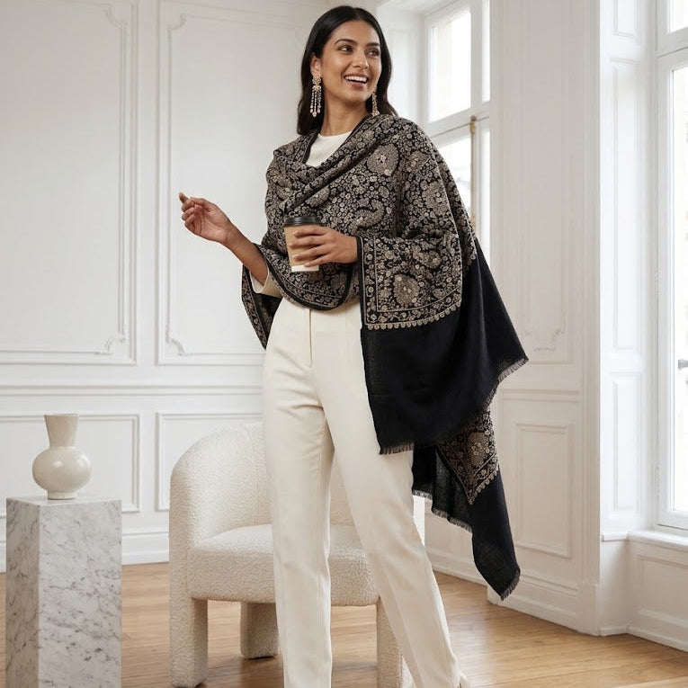 A woman stands in a bright white room with wood floors, wearing a black and beige patterned shawl over a white top and cream trousers.