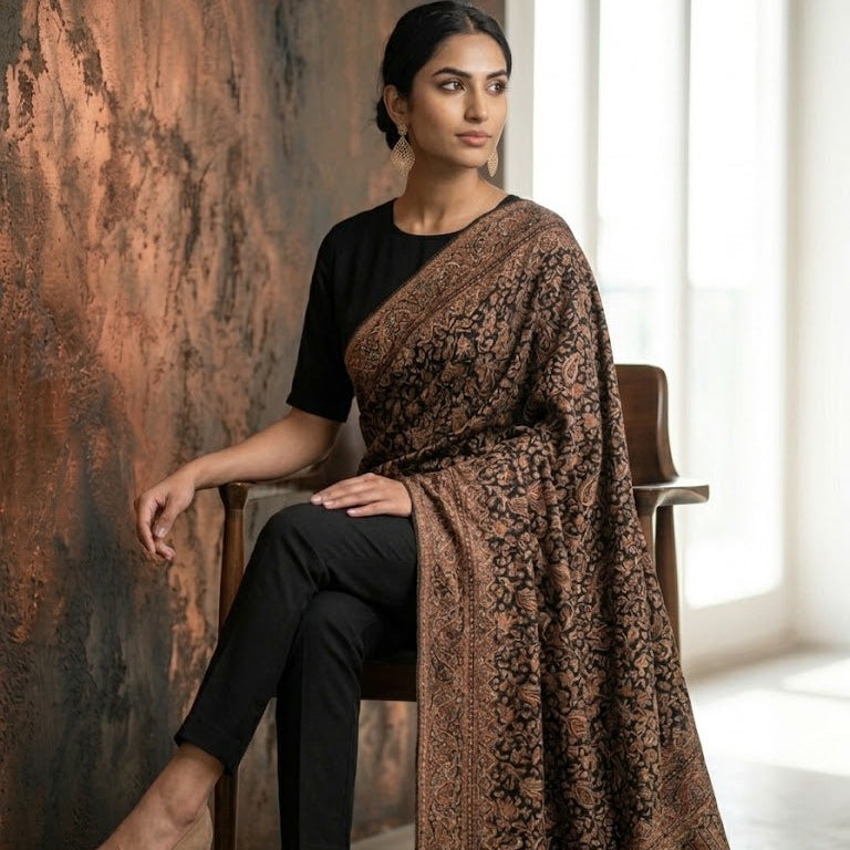 A woman seated on a wooden chair wearing a brown patterned shawl draped over her shoulders, paired with a black top and black trousers, in an indoor setting with a textured wall and bright window light.