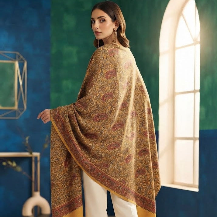 A woman models a large, draped shawl with an intricate golden-brown and red paisley pattern, styled over white trousers in a modern interior setting with blue walls and a window.