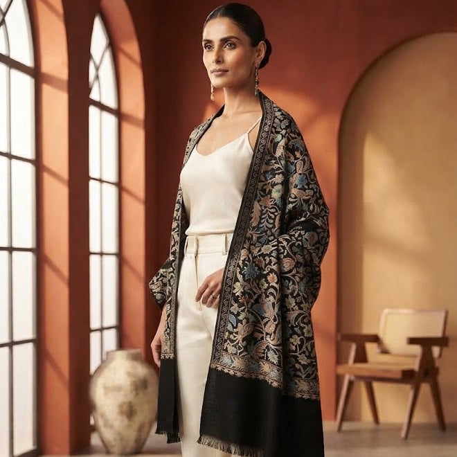 A woman models a black and beige patterned shawl draped over her shoulders, paired with a white sleeveless top and white trousers in a warm-toned indoor setting with arched windows.