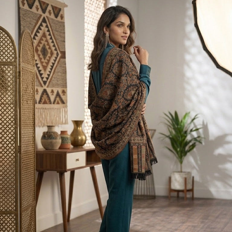 A woman models a dark brown and black patterned shawl draped over her shoulders, paired with teal pants and heels, in a styled indoor room with bohemian decor.