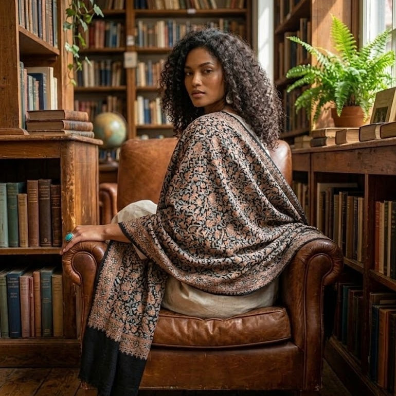 A woman with curly dark hair sits in a brown leather armchair inside a cozy, book-filled library, draped in a patterned shawl with a black border.