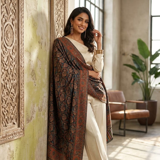 A woman models a traditional outfit featuring a cream-colored pantsuit and a dark brown shawl with intricate red and gold patterns, posed in a rustic, sunlit room with a carved wooden wall panel.