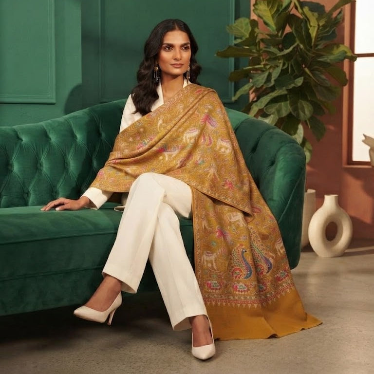 A woman sits on a green velvet sofa wearing a gold patterned shawl draped over her shoulders, paired with white pants and white heels, in an indoor styled setting with a plant and decorative vase.