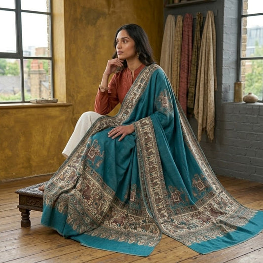 Teal Blue Kalamkari Wool Shawl - Double Border Paisley Design for Weddings & Gifting
